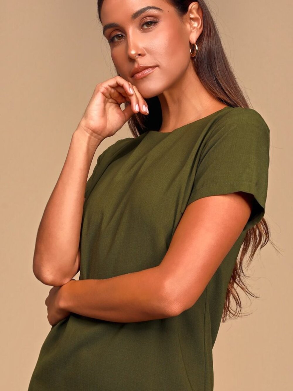 Lulus "Shift and Shout" Olive Green Short Sleeve Shift Dress Size Medium NWT - Picture 12 of 13